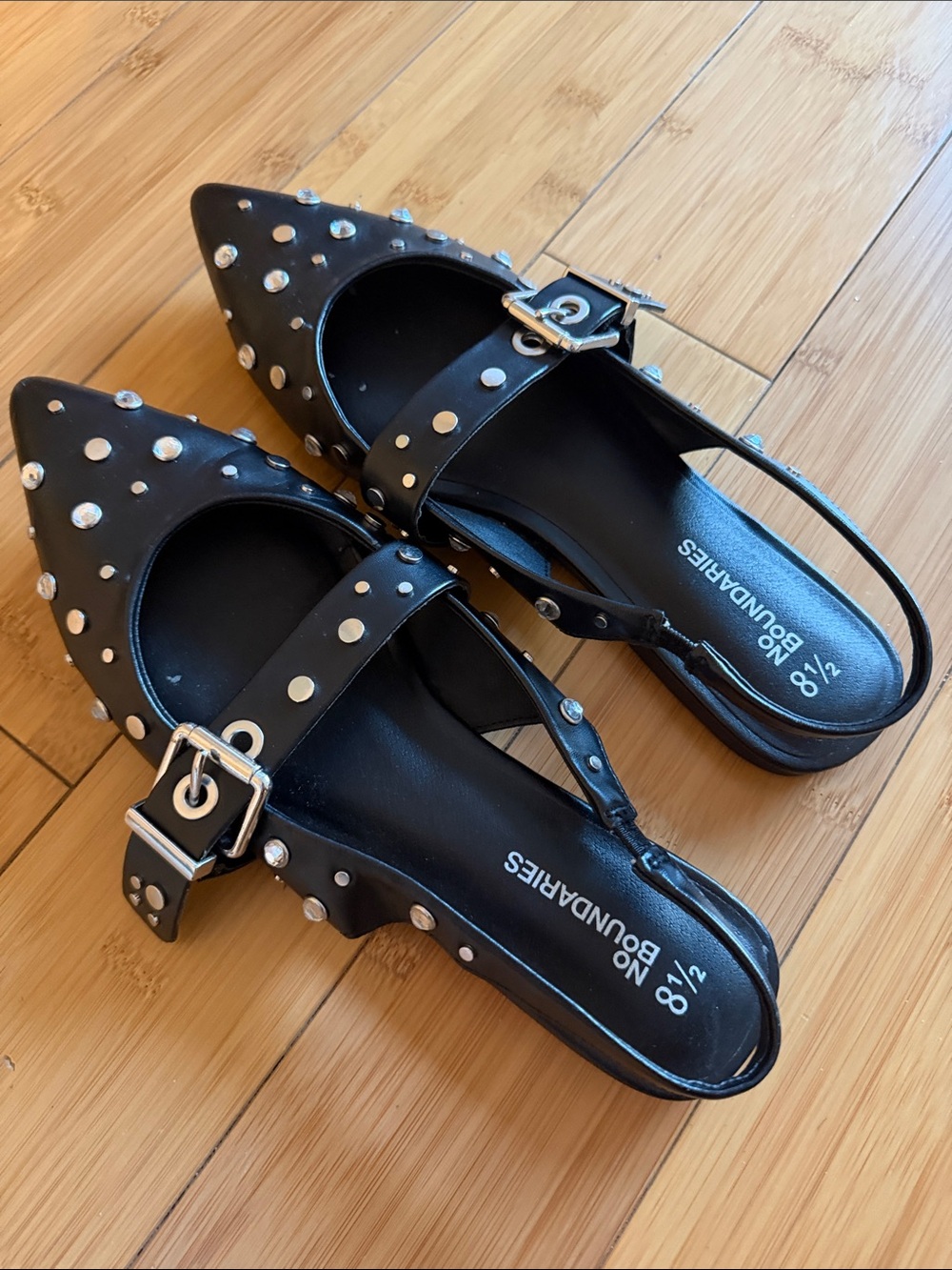 No Boundaries Black Studded Pointed Slingback Flats - Picture 3 of 3